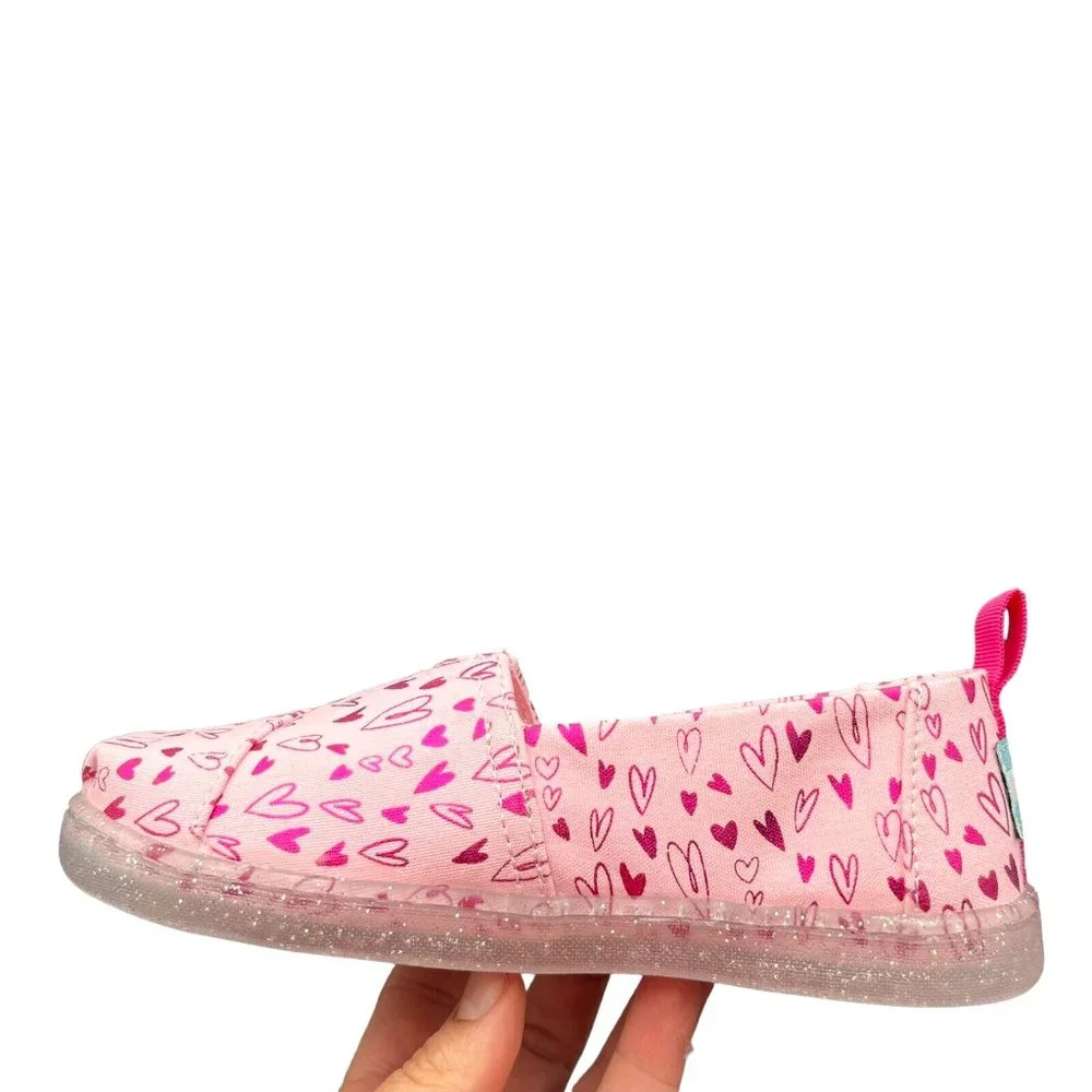 Toms Little Girls Alpargata‎ Shoes Size 13 Pink Heart Print Slip on Lightweight